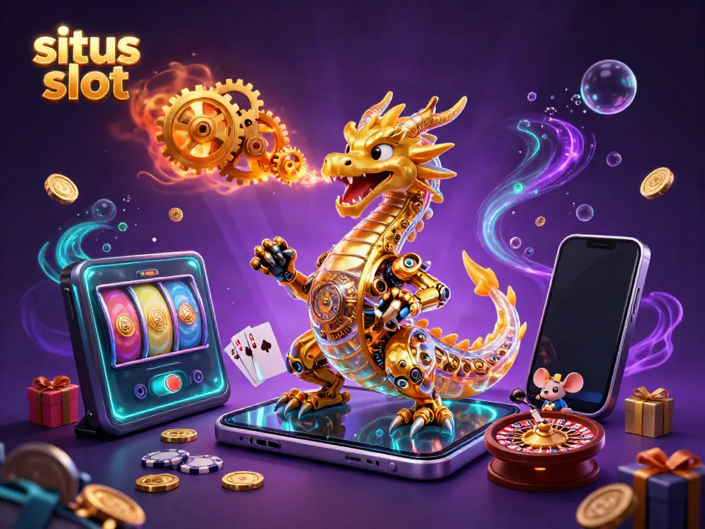 Experience the excitement of situs slot with a golden dragon, slot game, and treasure in a vibrant setting.