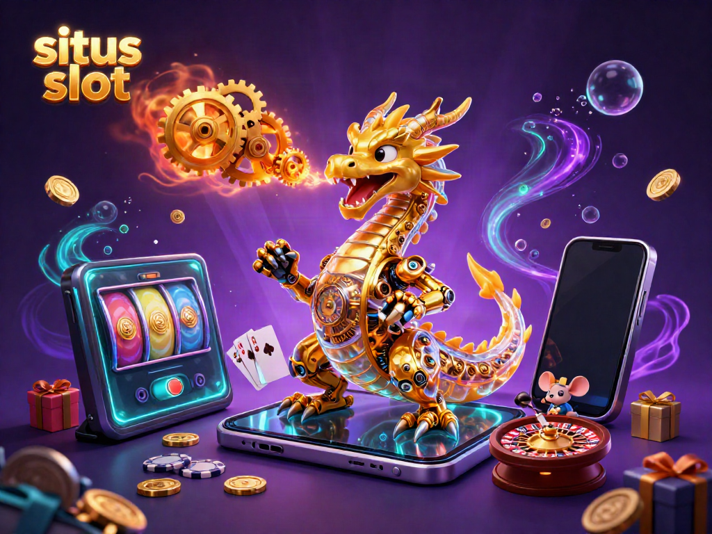 Experience the excitement of situs slot with a golden dragon, slot game, and treasure in a vibrant setting.