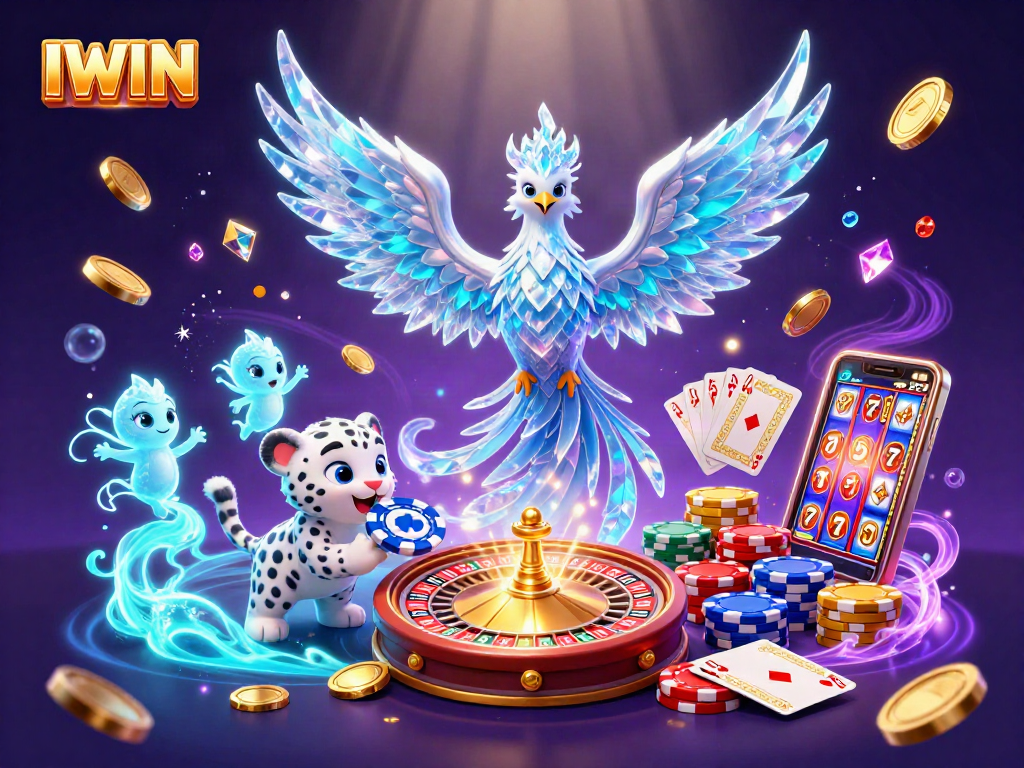 IWIN depicts an exciting scene with an ice phoenix, snow leopard, and sparkling casino elements.