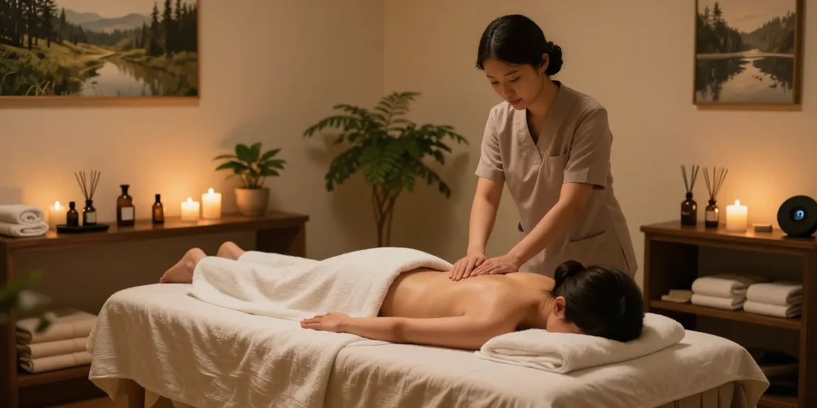 Relaxing 의정부출장마사지 scene in a tranquil studio with candles and soothing ambiance.