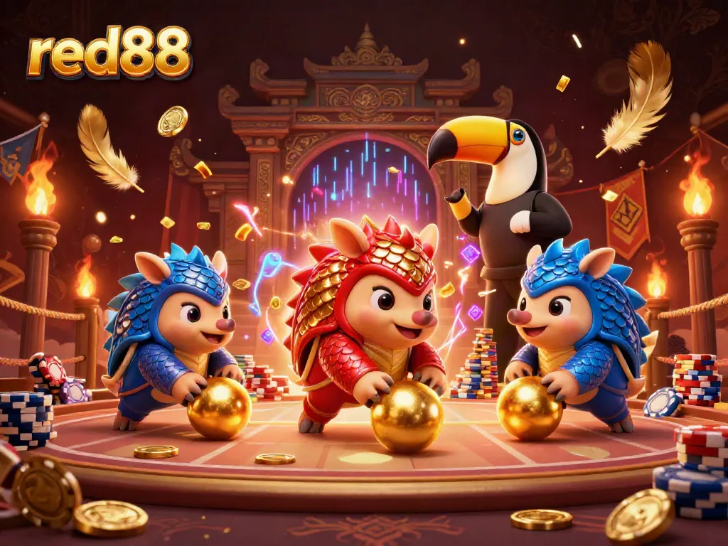 Red88 casino themed illustration with rival pangolins in an exhilarating betting scene.