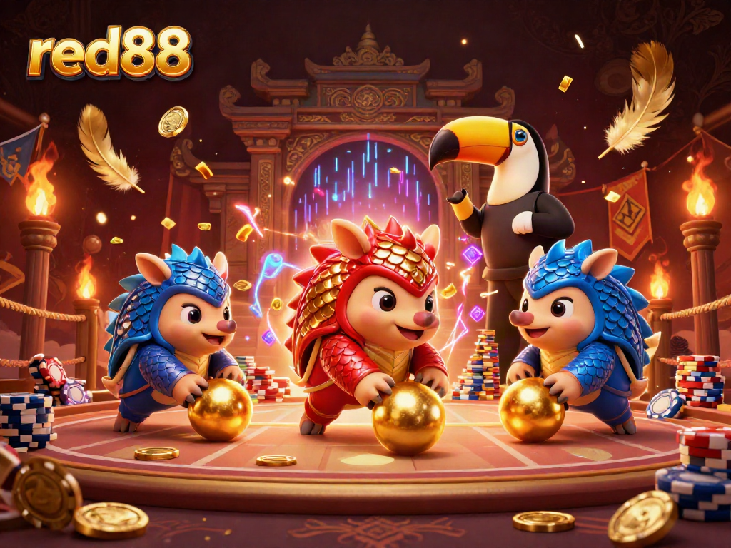 Red88 casino themed illustration with rival pangolins in an exhilarating betting scene.