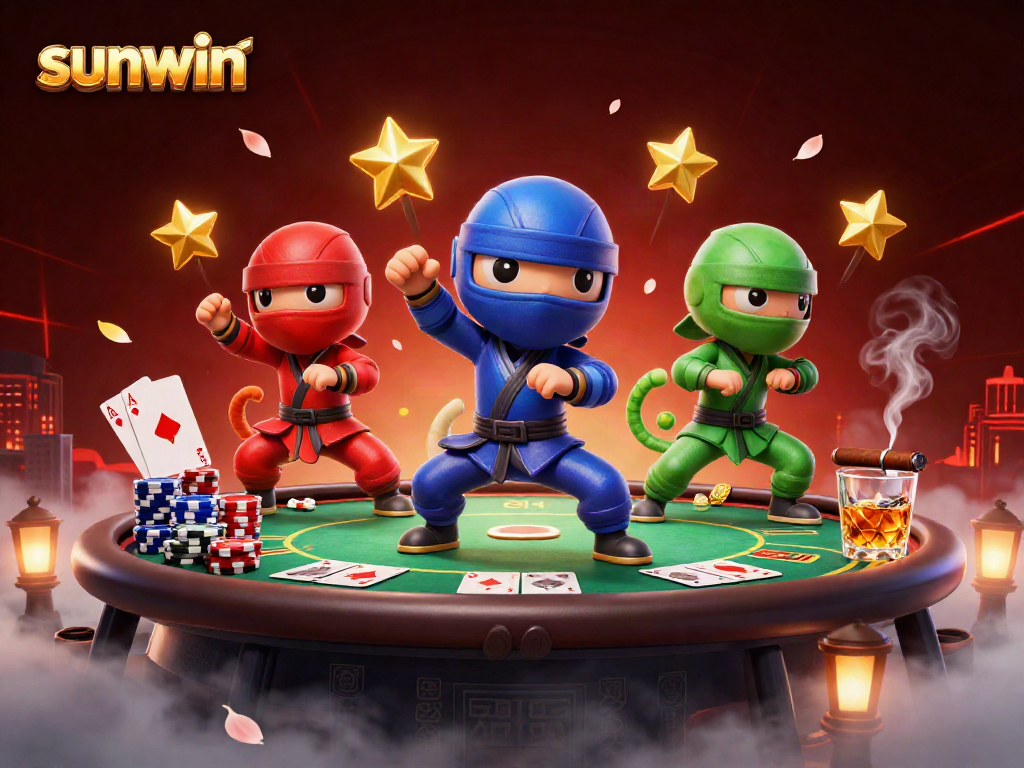 Experience the thrilling world of Sunwin with vibrant gaming elements and a ninja chameleon team.