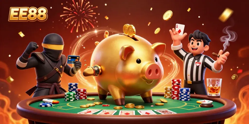 EE88 casino experience featuring a sumo wrestler piggy bank and a wallet-ninja surrounded by poker elements.