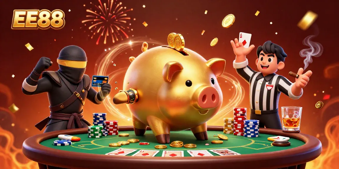 EE88 casino experience featuring a sumo wrestler piggy bank and a wallet-ninja surrounded by poker elements.