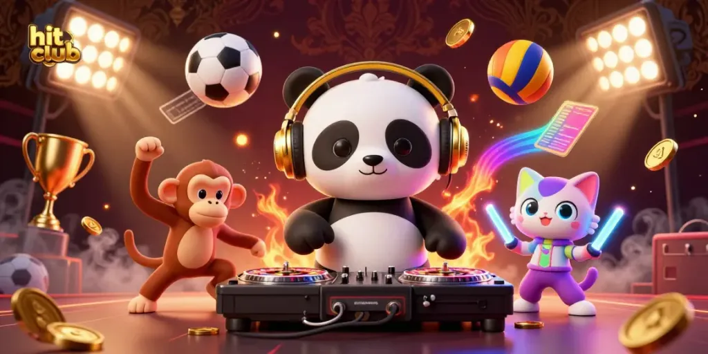 Hit Club illustration showcasing a DJ panda, a breakdancing monkey, and a glow-stick kitten at a casino-themed party.