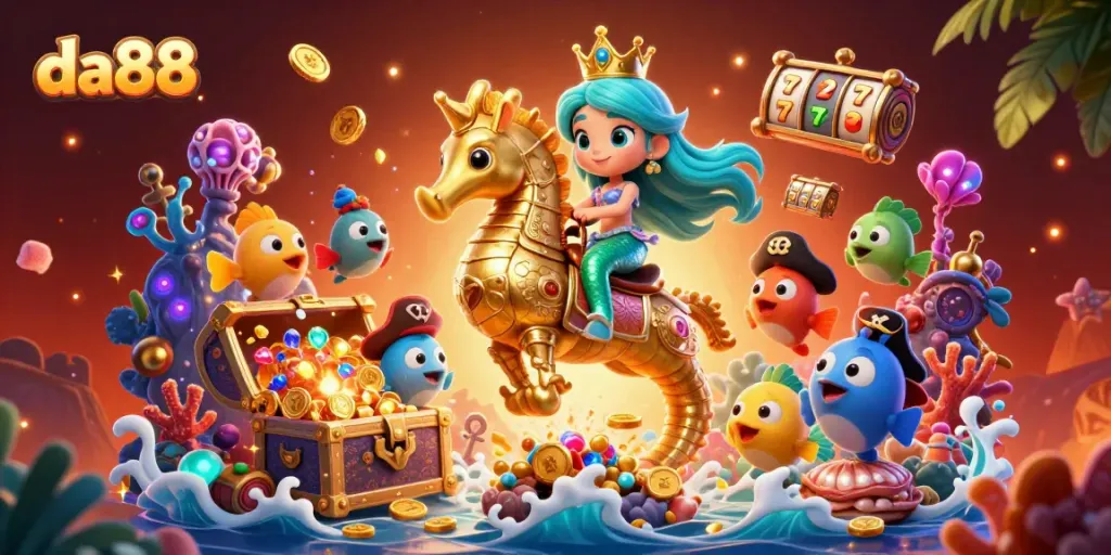 Experience the thrill of da88 with our 3D mermaid princess and seahorse in a vibrant casino setting.