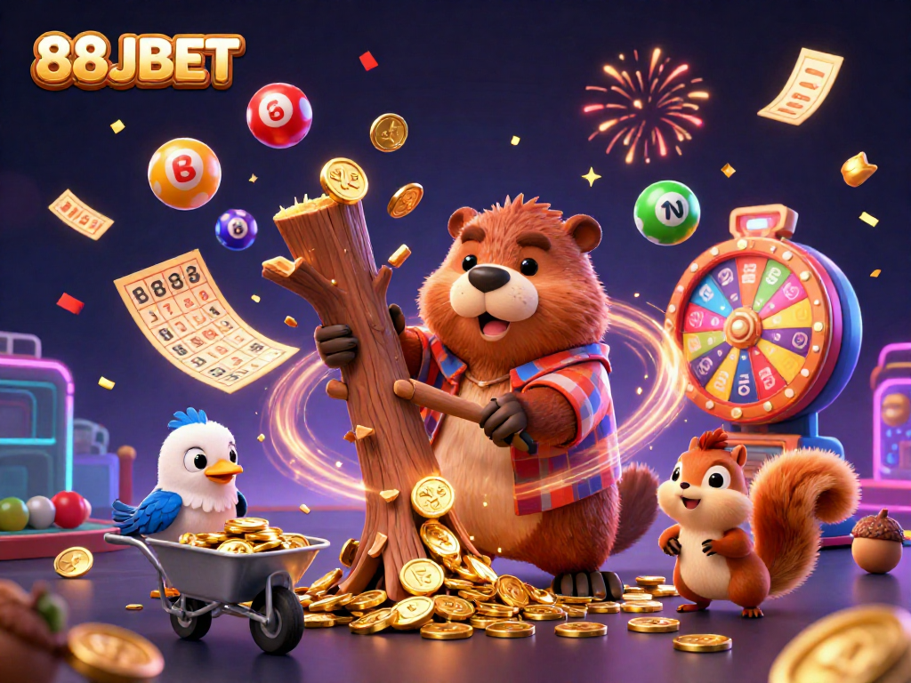 Win big with 88JBET: A vibrant scene featuring a beaver and friends in a casino setting