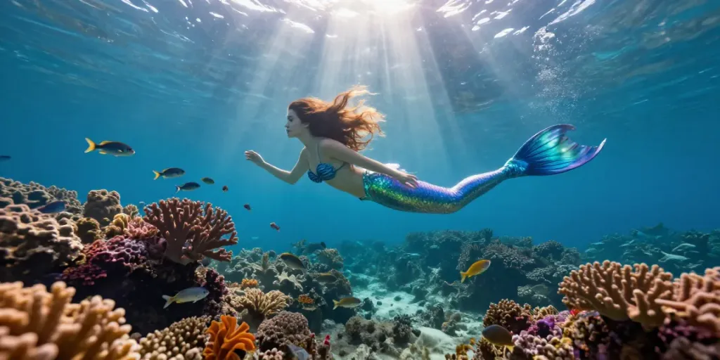 세이렌이 환상적인 수중 환경에서 다양한 해양 생물과 함께 плав하게 떠있는 모습