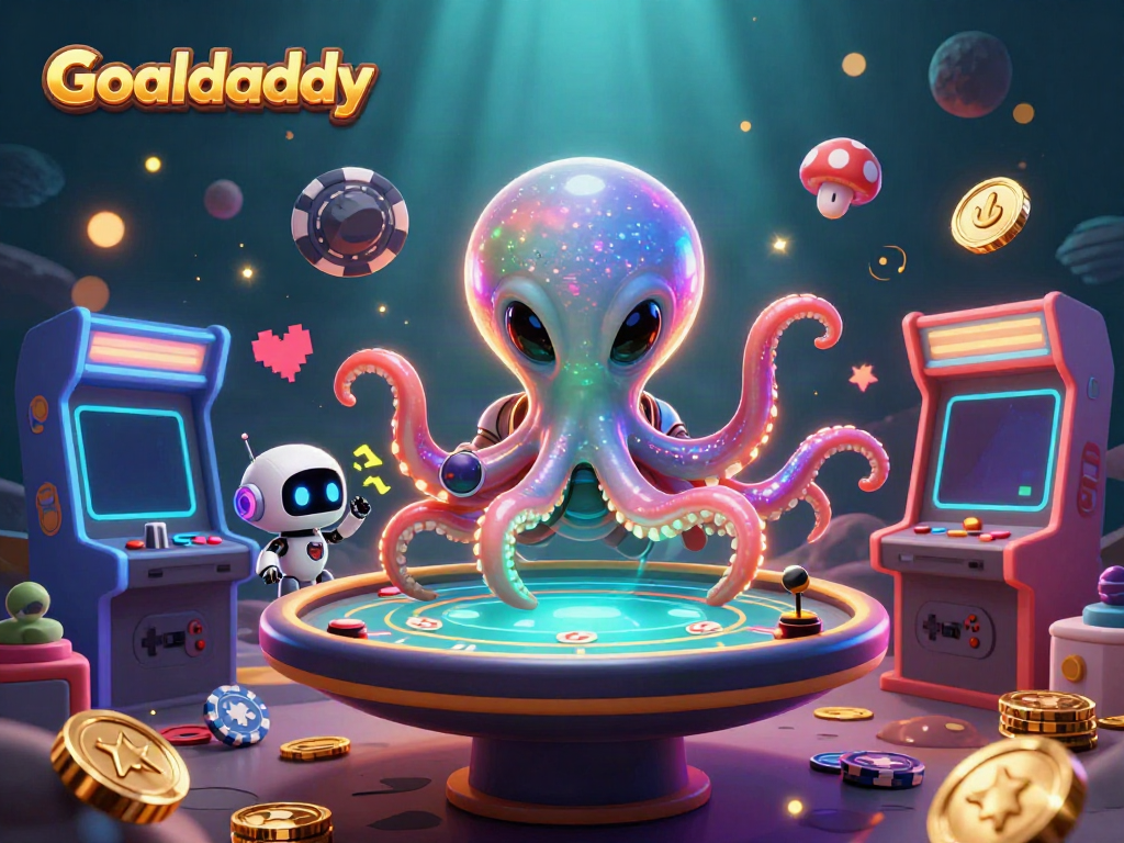 Goaldaddy showcases an alien octopus delving into thrilling holographic poker, surrounded by vibrant casino elements.