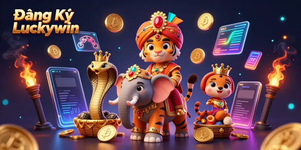 Engage in thrilling gameplay with Đăng Ký Luckywin, featuring vibrant themed 3D illustration of a maharaja tiger and jewel-encrusted elements.