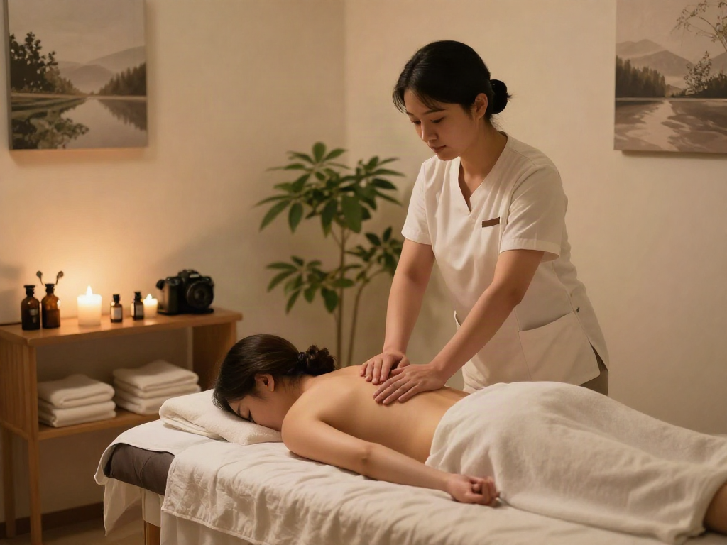Experience a soothing 성남출장마사지 in a tranquil therapy room with ambient lighting and calming decor.