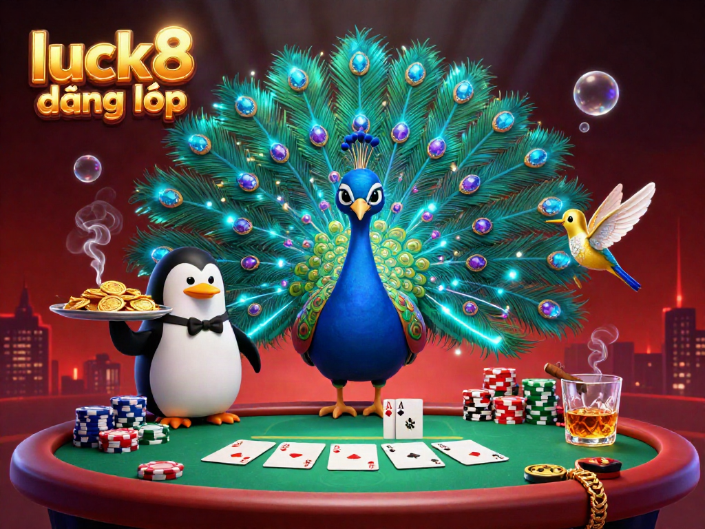 Experience vibrant casino action with luck8 đăng nhập, featuring a peacock with a gemstone tail and a butler penguin amidst poker elements.