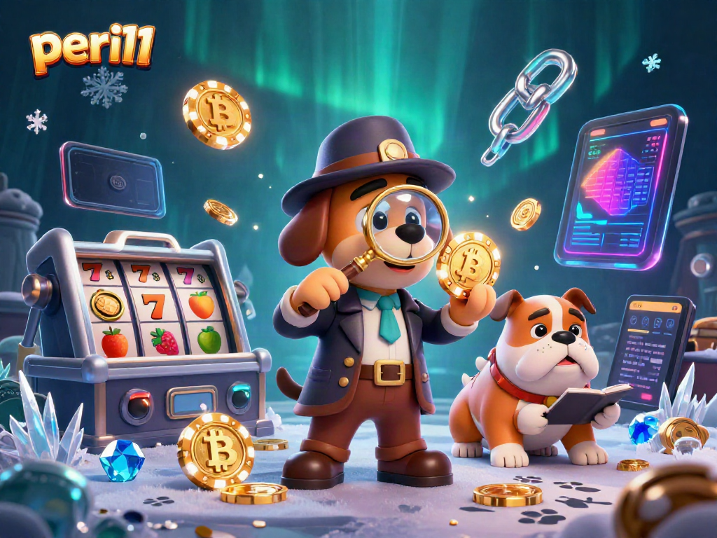 Experience the thrill of gambling with peri11 showcasing a detective uncovering treasures amidst slot reels and crypto coins.