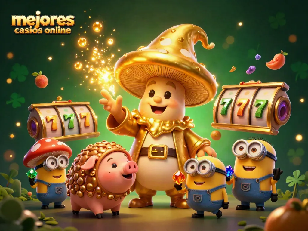 Jugando en los mejores casinos online con un mago dorado y símbolos de tragamonedas.