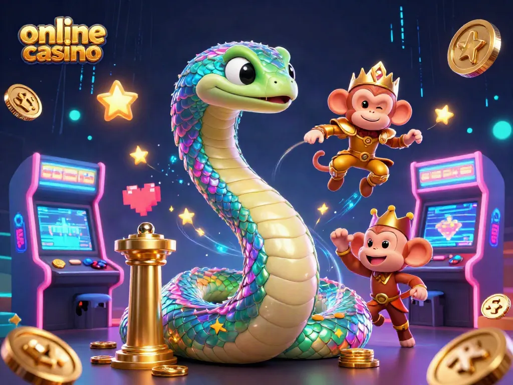 Disfruta de un casino online mágico con serpiente colorida y rey mono en acción.
