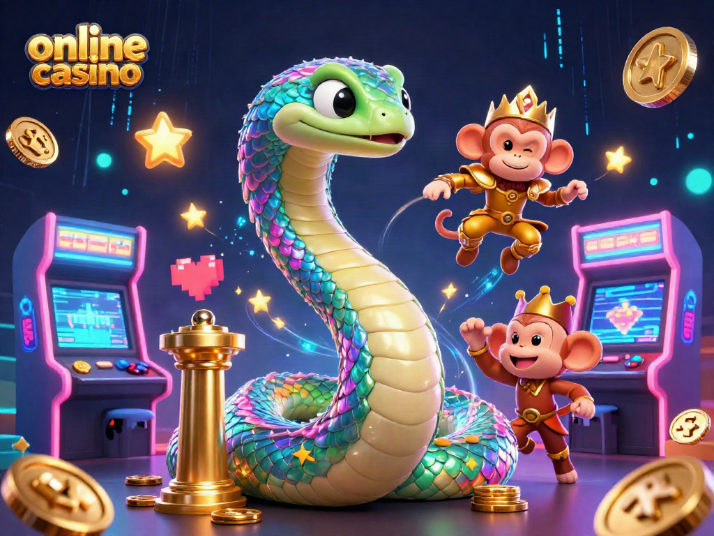 Disfruta de un casino online mágico con serpiente colorida y rey mono en acción.