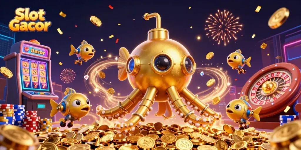 Spin the Slot Gacor reels surrounded by cascading coins and a vibrant casino atmosphere.