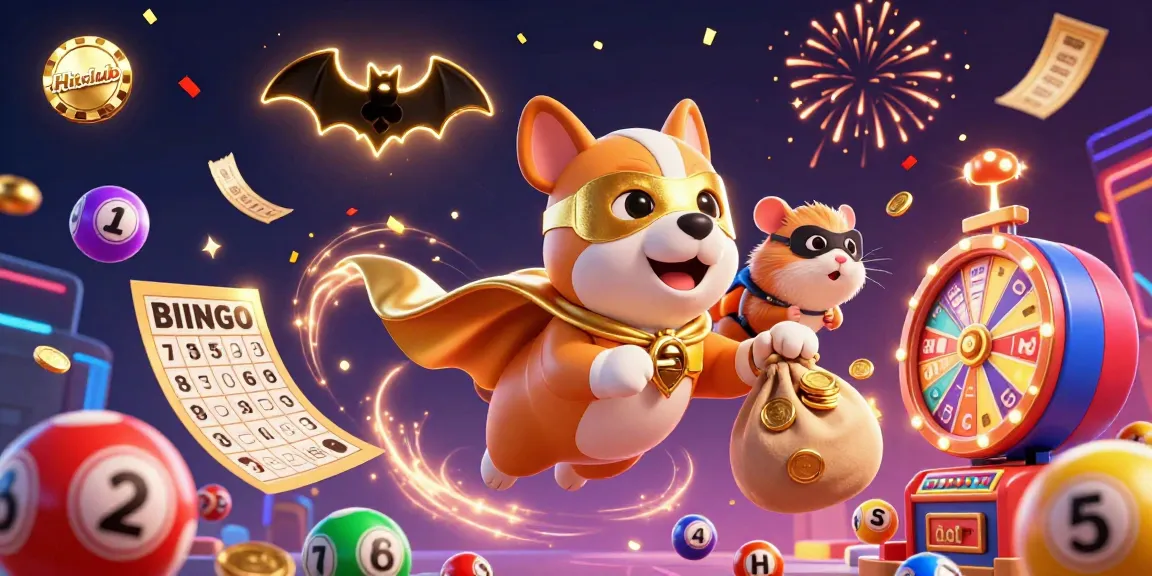 Engage with Hitclub through a vibrant 3D illustration featuring a superhero dog and hamster amidst celebratory casino elements.