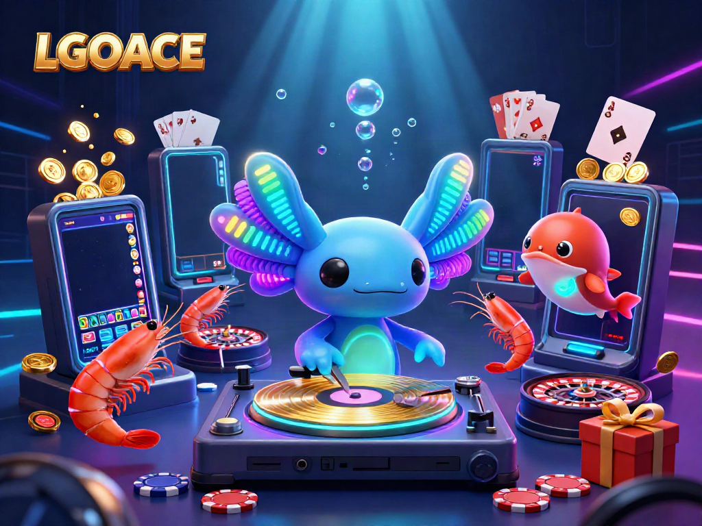LGOACE casino illustration with a neon axolotl DJ, underwater turntables, and vibrant game elements.