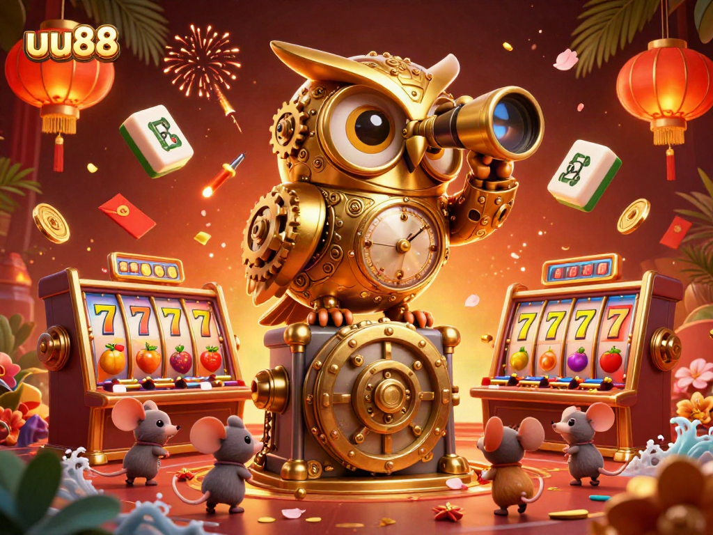 Experience the thrill at uu88 with this captivating illustration of a golden owl surveying a lively casino scene filled with fortune and luck.