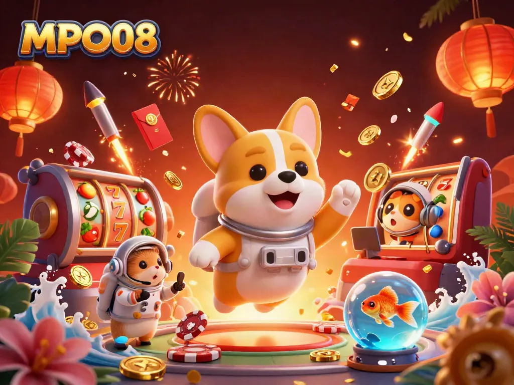 Engage with MPO08 in a vibrant casino-themed 3D digital illustration featuring dynamic gaming elements.