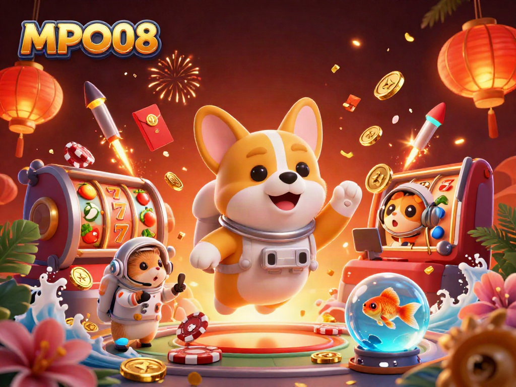 Engage with MPO08 in a vibrant casino-themed 3D digital illustration featuring dynamic gaming elements.