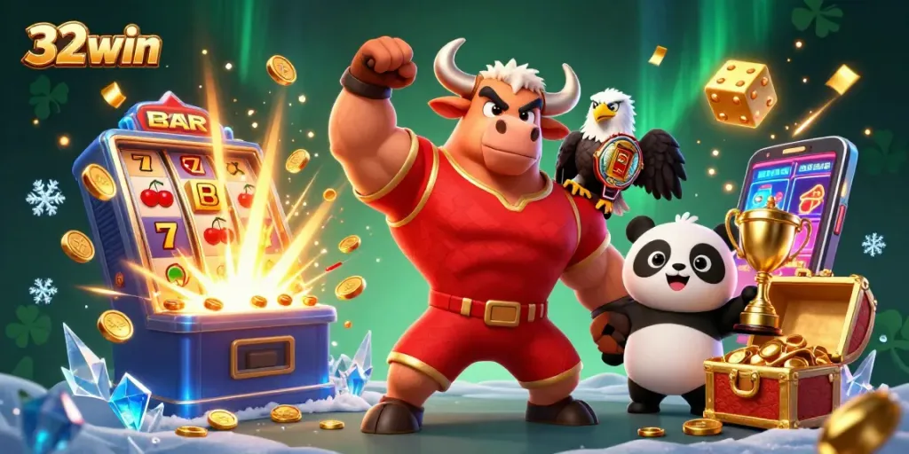 32win jackpot celebration with a charismatic bull mascot and festive elements in a vibrant casino scene