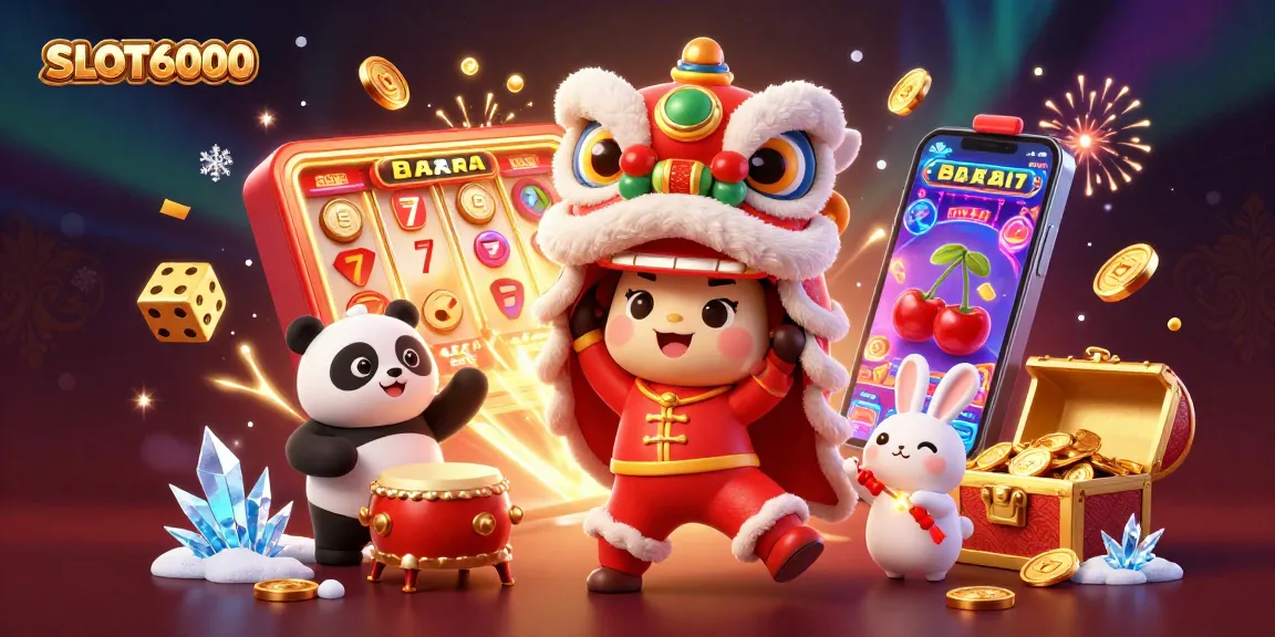 SLOT6000 jackpot explosion with vibrant characters celebrating around a dynamic slot machine.