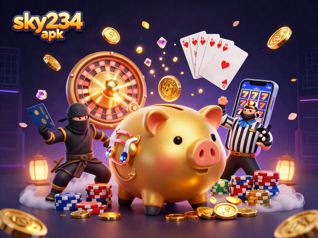 Experience excitement with the sky234 apk featuring a golden piggy bank sumo wrestler and lavish casino elements.