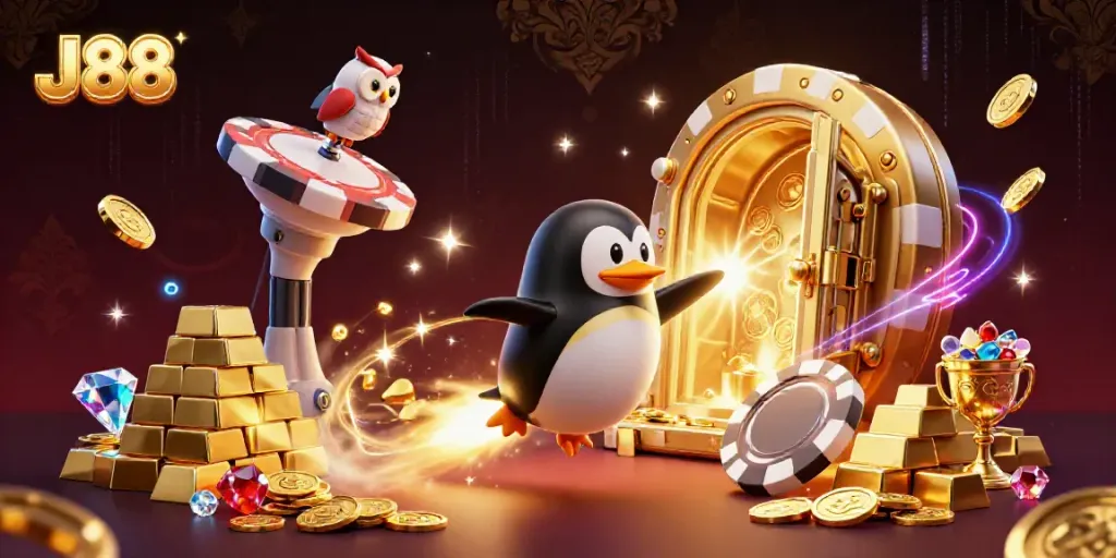 Engage with the thrilling casino adventure of J88 as a golden penguin speeds towards a sparkling poker chip station.