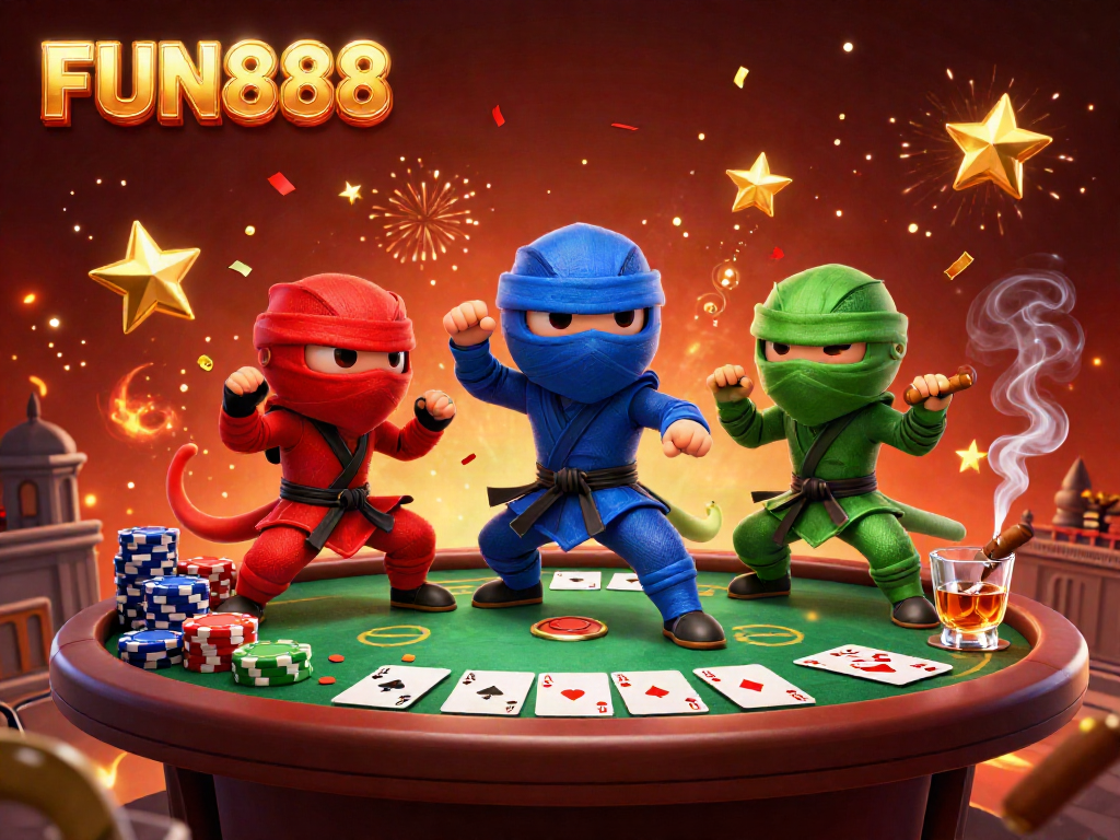 Engage with FUN888's vibrant scene showcasing ninja chameleons at a lively poker table surrounded by gold coins and dynamic casino elements.