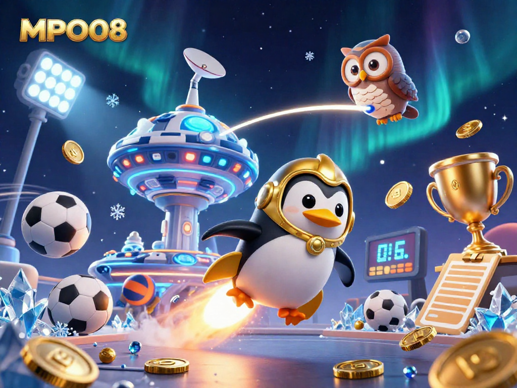 MPO08 showcases a lively dynamic illustration of a golden penguin rocket racing towards a casino chip space station with vibrant sports elements.