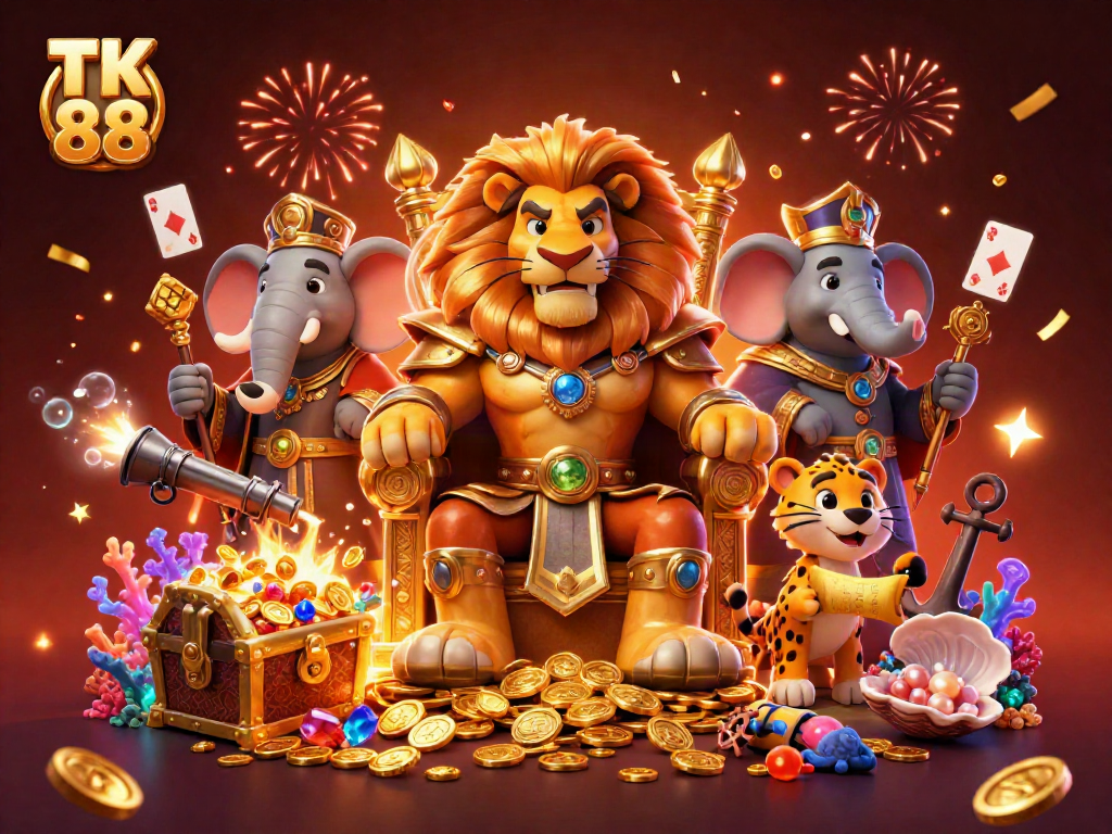 Experience thrilling gameplay at TK 88 with the majestic lion king and vibrant casino treasures.
