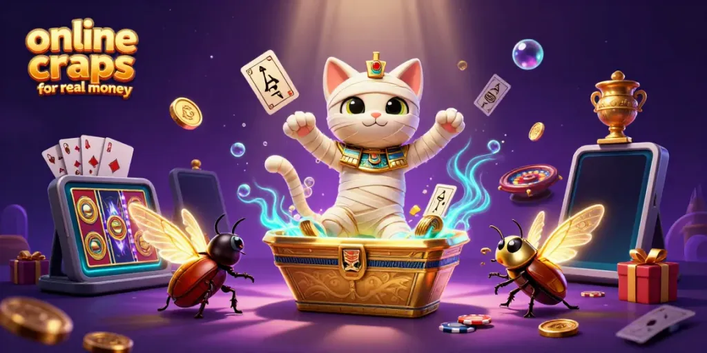Win big with online craps for real money, featuring colorful 3D casino characters and dynamic gaming elements.