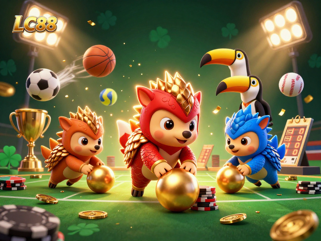 Experience betting excitement with LC88 as rival pangolins compete in a colorful casino setting.