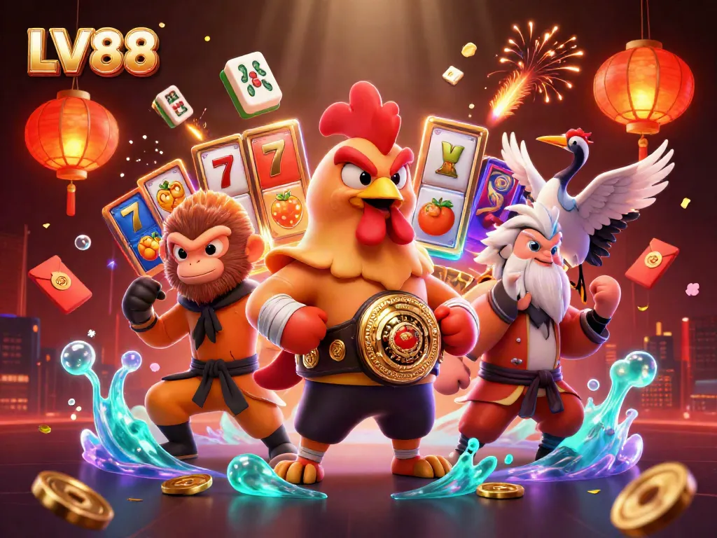 Engage with LV88's stunning 3D casino illustration showcasing vibrant slot reels, fortune symbols, and dynamic gaming elements.