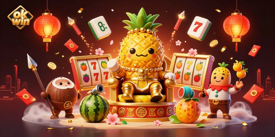 Engage with the vibrant ok win casino world featuring a golden pineapple king and entertaining elements.