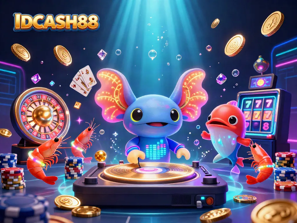 Engage with IDCASH88 through a vibrant casino scene with neon creatures and lively game elements.