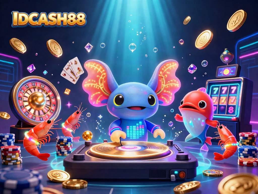 Engage with IDCASH88 through a vibrant casino scene with neon creatures and lively game elements.