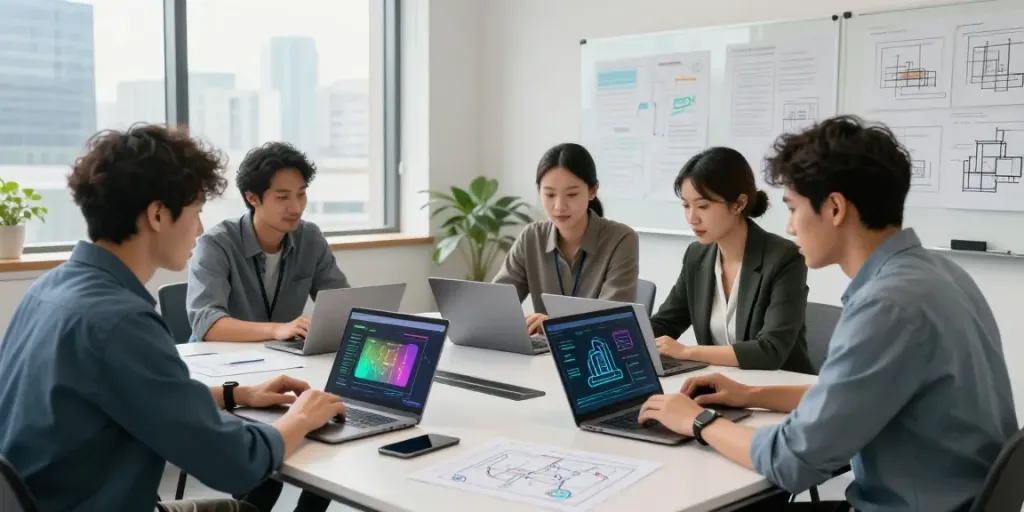 Collaborative team working on Enterprise AI solutions in a modern office.