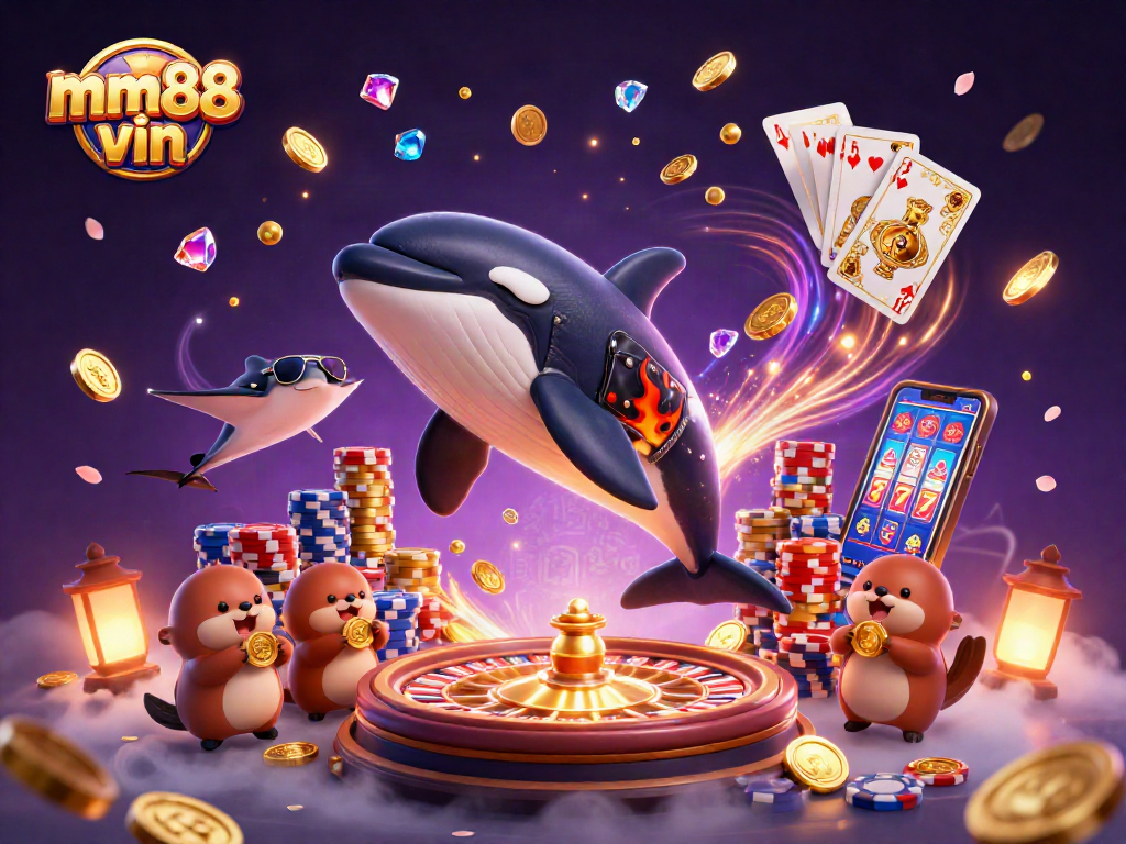 Experience online gaming excitement with mm88 vin featuring a dynamic 3D scene of casino elements.