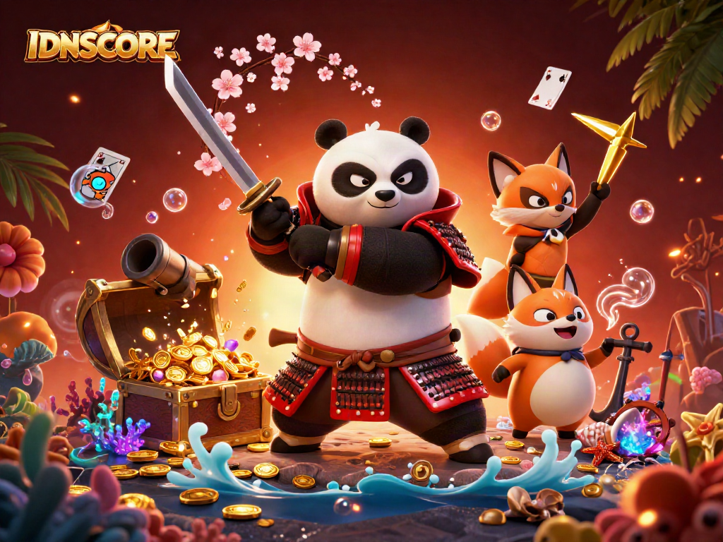 Experience thrilling gaming action with IDNSCORE at the forefront, showcasing dynamic characters and vibrant casino elements.