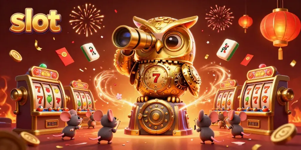 Experience a vibrant slot scene with a clockwork owl surveying a brass casino floor and wind-up mice patrons.