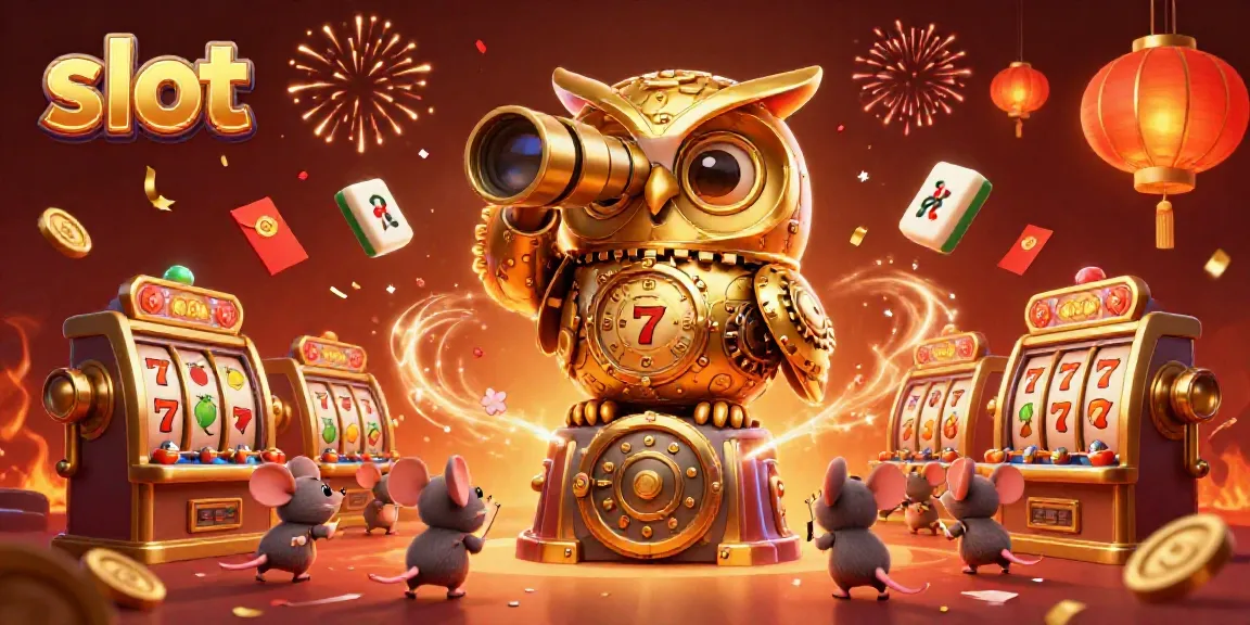 Experience a vibrant slot scene with a clockwork owl surveying a brass casino floor and wind-up mice patrons.