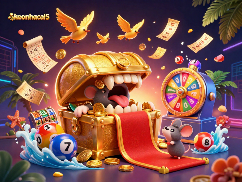 Engage with keonhacai5's vibrant lottery and slot simulation featuring dynamic colorful elements and rich visuals.