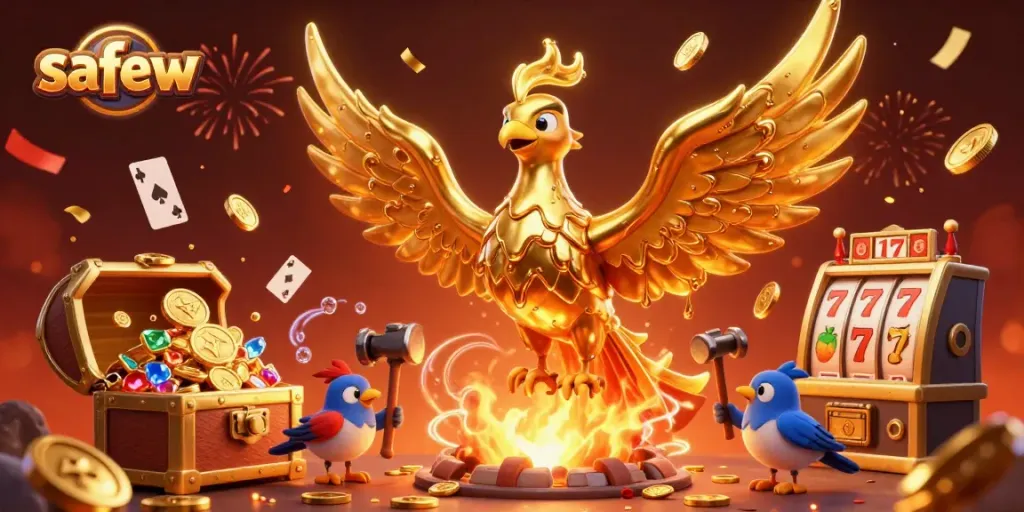 Experience the thrill of safew with a golden phoenix transforming molten gold into winnings in this vibrant casino illustration.