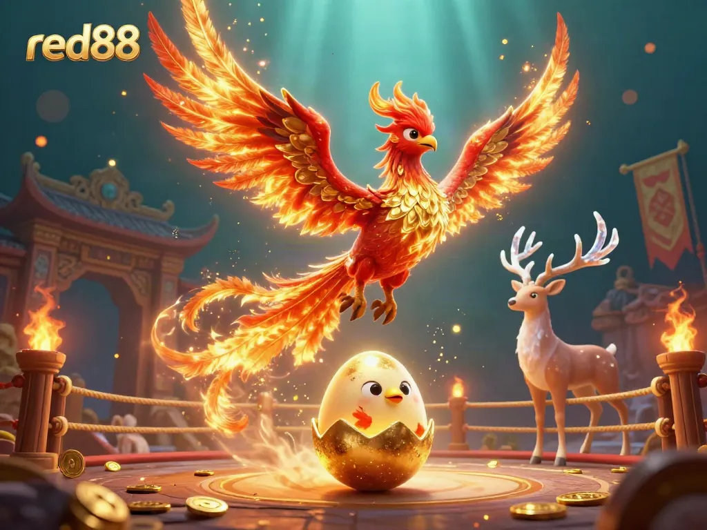 Experience thrilling action at red88 with a fiery phoenix and baby phoenix in a vibrant casino atmosphere.