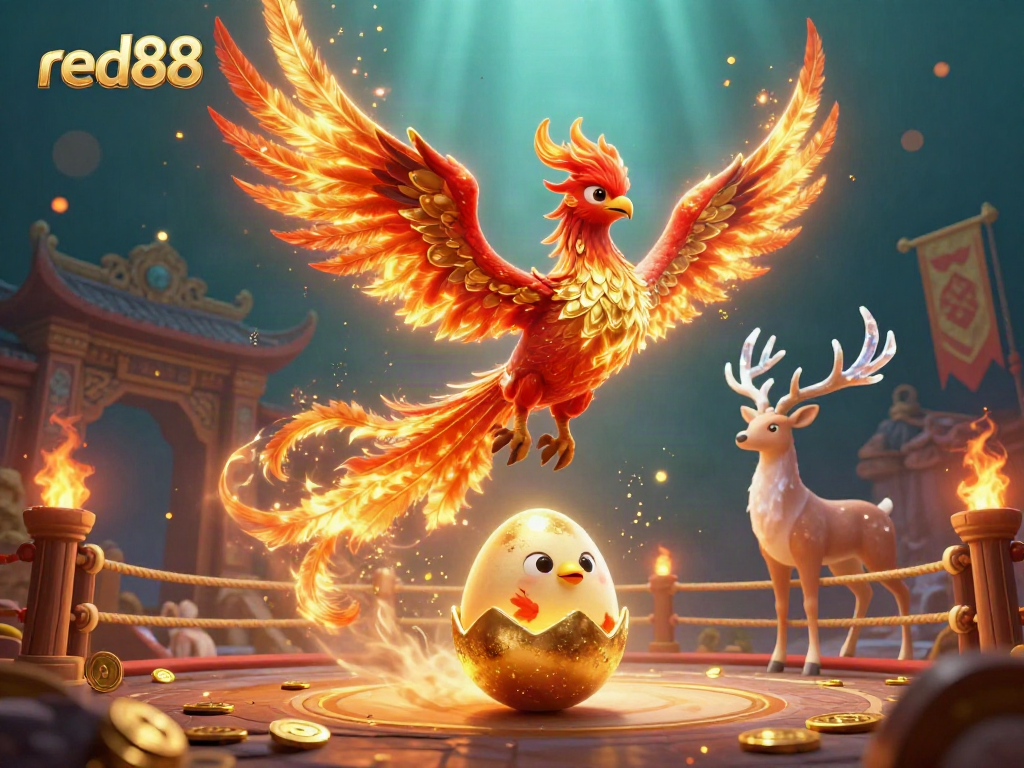 Experience thrilling action at red88 with a fiery phoenix and baby phoenix in a vibrant casino atmosphere.