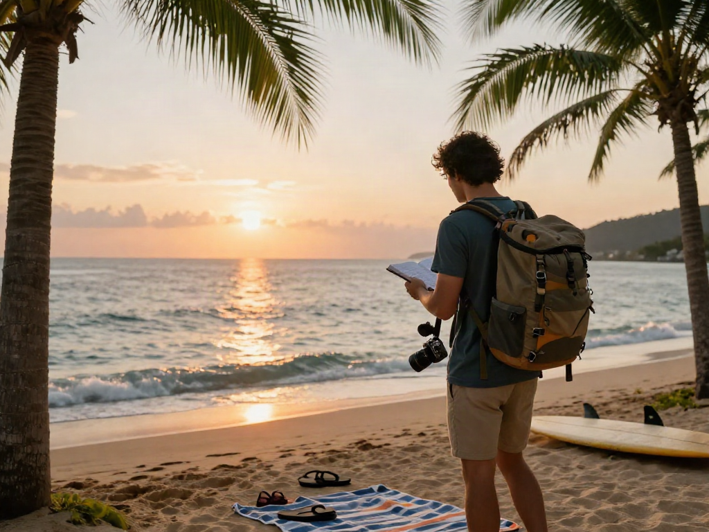 A traveler enjoying the beach while planning their next adventure with rokok88 daftar resources, capturing the sunset and serene atmosphere.